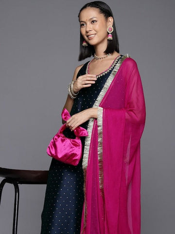 Varanga Women Navy Blue Dotted Printed Kurta, Round Neck , Paired With Tonal Bottom And Contrast Dupatta.